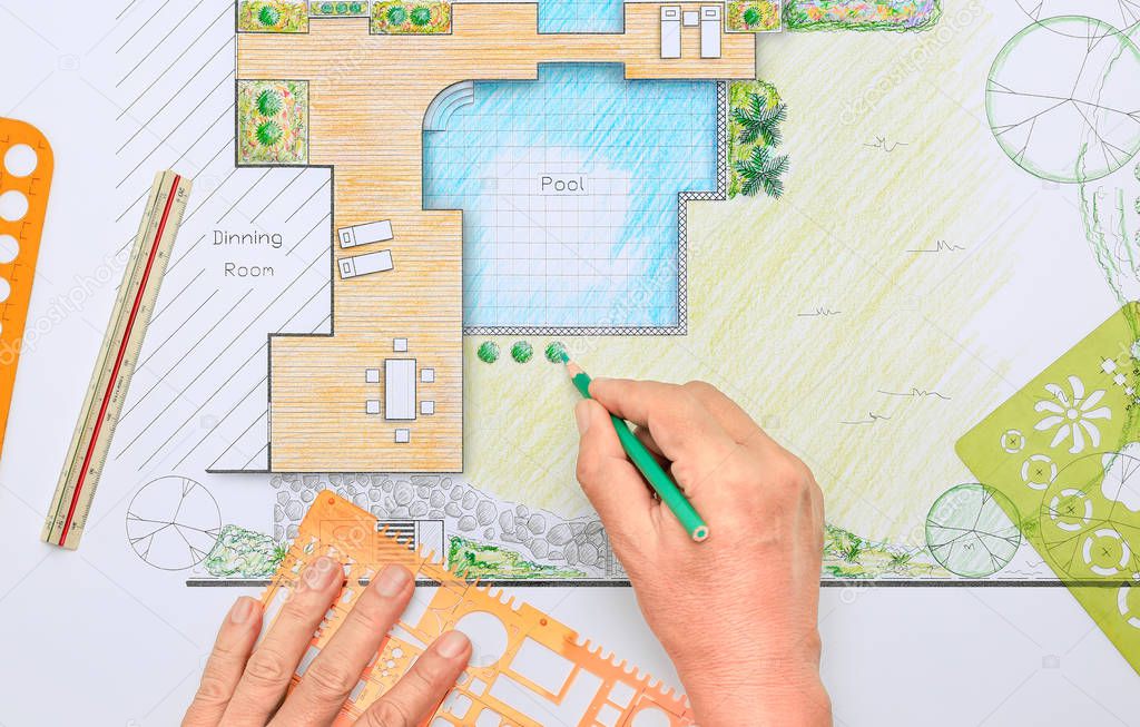 Backyard garden and pool design plan for villa.