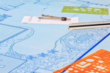 Blueprint arka bahçe ve havuz villa için planı Tasarla.