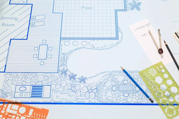Blauwdruk achtertuin zwembad- en tuinlandschap ontwerpplan voor villa. — Stockfoto