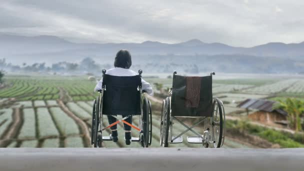 Boş Tekerlekli Sandalye Birlikte Ayakta Ile Yaşlı Kadın — Stok video