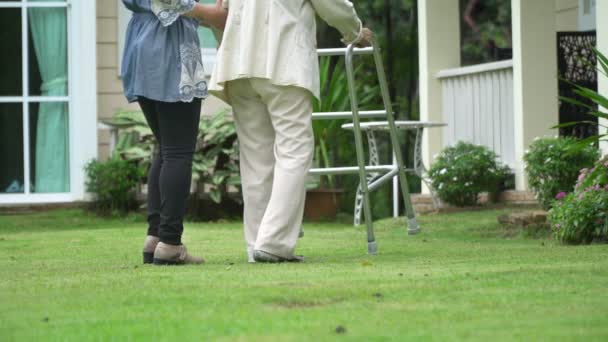 Yaşlı Bir Kadın Kızıyla Arka Bahçede Yürüyor — Stok video