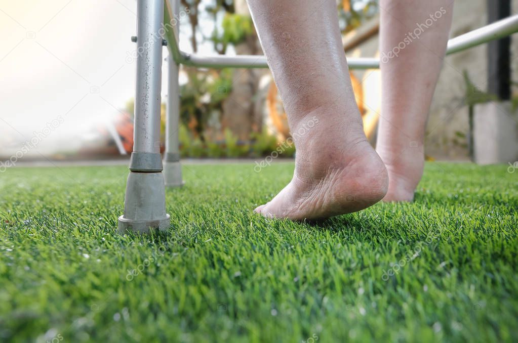 Elderly woman bare swollen feet on grass with walker 