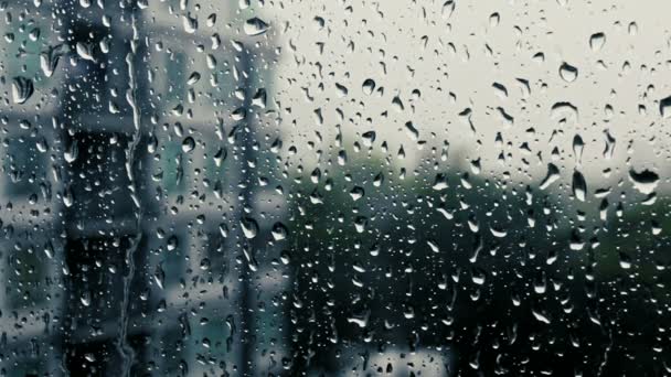 Regentropfen Auf Einer Fensterscheibe Gebäude Hintergrund — Stockvideo