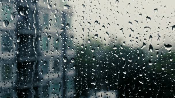 Gotas Lluvia Cristal Una Ventana Edificios Fondo — Vídeos de Stock