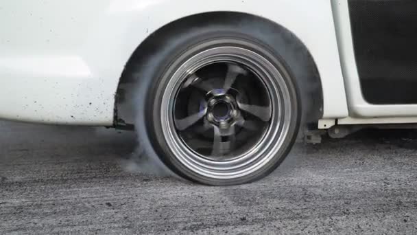 Drag Racing Car Burns Rubber Its Tires Preparation Race — Stock Video