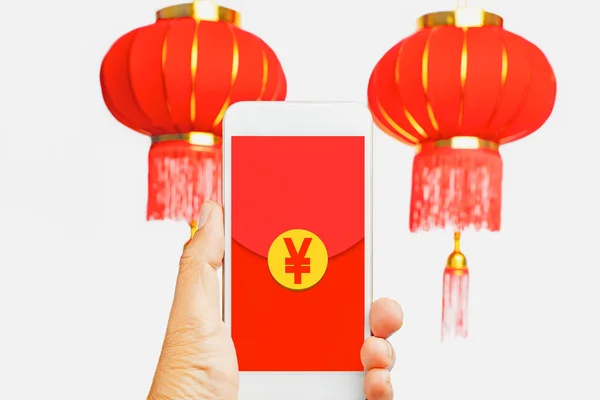 Chiński Nowy Rok, mobilny czerwony portfel Hongbao. — Zdjęcie stockowe