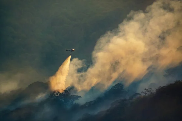 Fire fighting helicopter dropping water on forest fire