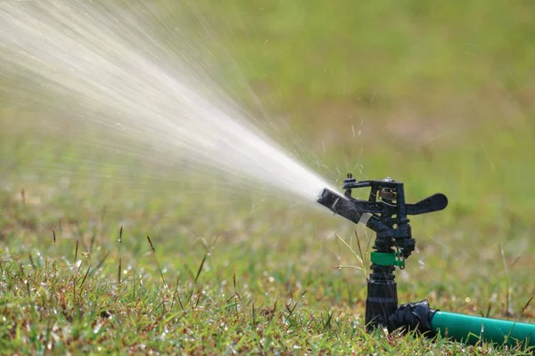 スプリンクラーヘッドは裏庭でブッシュと草に水をやり — ストック写真