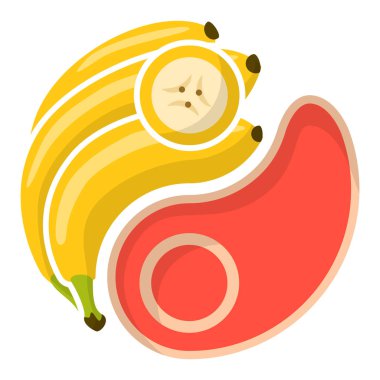 Beyaz arka planda Ying Yang şeklinde muz ve et sembolü var.