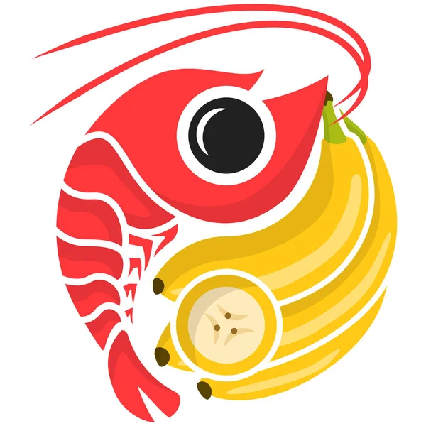 Beyaz arka planda Ying Yang şeklinde muz ve karides sembolü var.