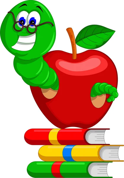Caterpillar, książek i jabłko — Zdjęcie stockowe