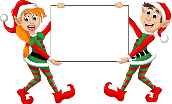 İki Noel elf holding boş işareti — Stok fotoğraf