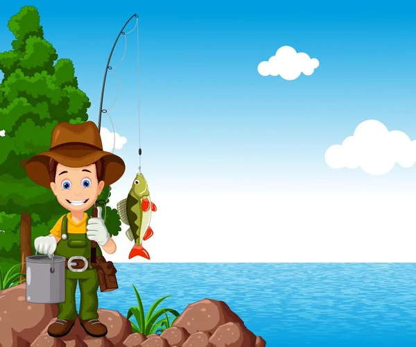 Funny fisherman cartoon with beach background — Stock Photo, Image