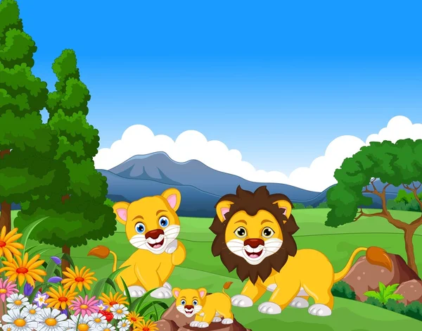 Drôle de lion dessin animé famille dans la jungle — Photo