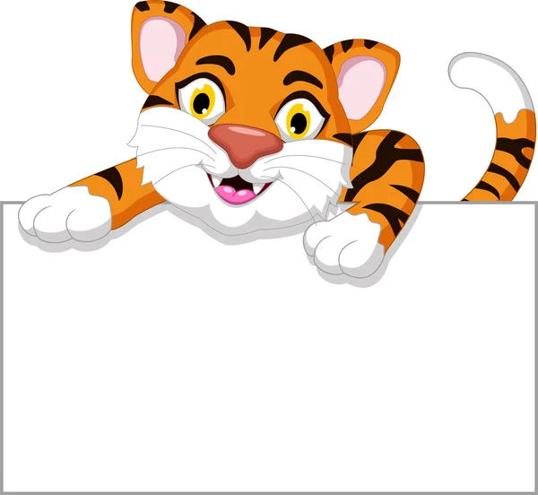 Lindo tigre de dibujos animados con signo en blanco — Foto de Stock