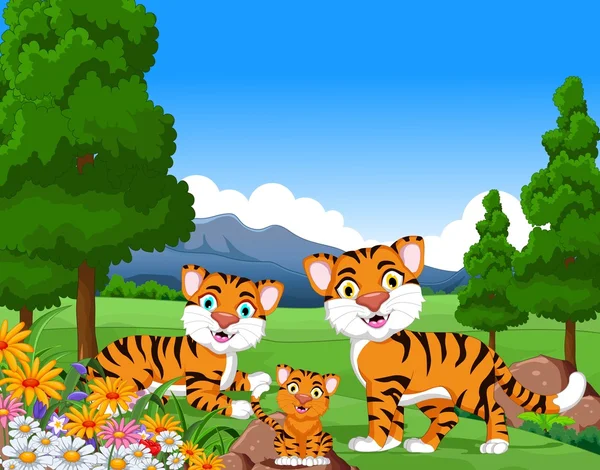 Familia de dibujos animados tigre en la selva — Foto de Stock