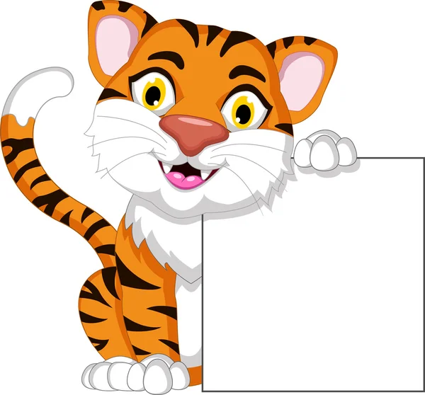 Lindo tigre de dibujos animados posando con signo en blanco —  Fotos de Stock