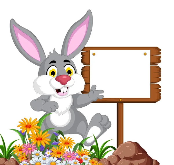 Funny rabbit cartoon posing with blank sign — Stock Photo, Image