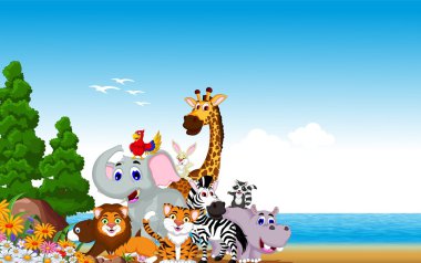 Hayvan karikatür koleksiyonu ile plaj arka plan