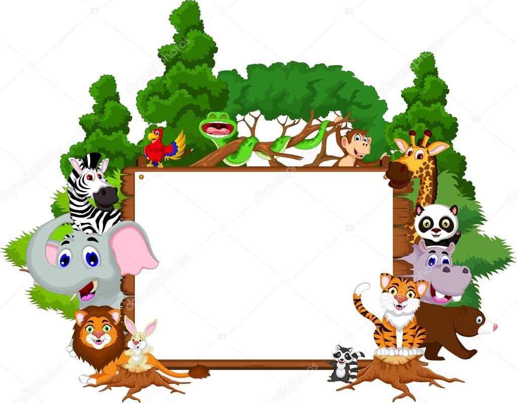 cute animal cartoon collection with blank board and tropical forest background