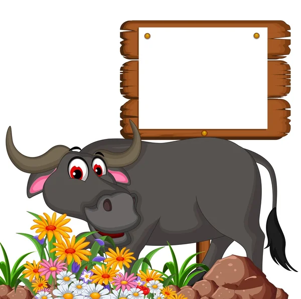 Cute buffalo cartoon posing with blank board for you design — Stock Photo, Image