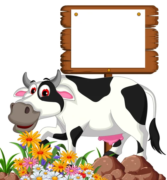 Mucca cartone animato posa con segno bianco — Foto Stock