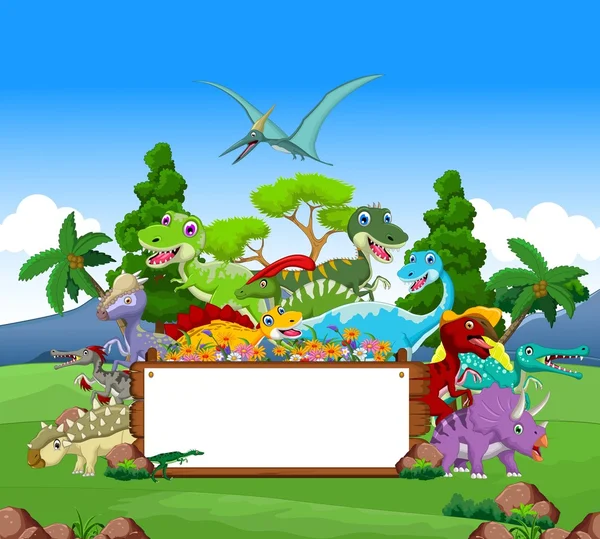 Dinosaur cartoon with landscape background and blank sign — Stock Photo, Image