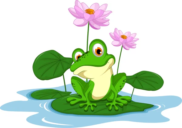 Funny Green frog cartoon sitting on a leaf — Stock Photo, Image