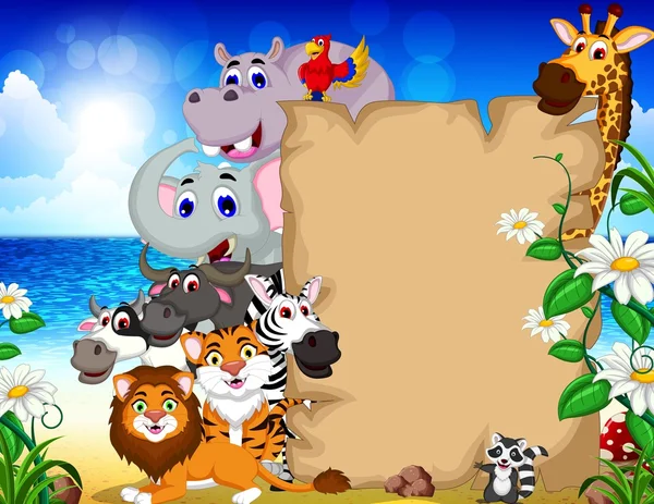 Dibujos animados de animales con signo en blanco y fondo de playa tropical — Foto de Stock