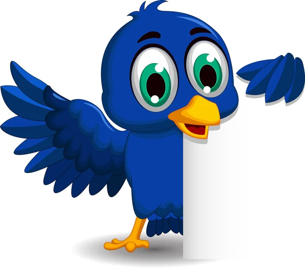 Κινουμένων σχεδίων χαριτωμένο μπλε πουλί κρατώντας πινακίδα κενό — Φωτογραφία Αρχείου