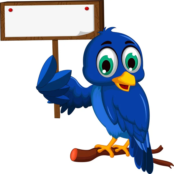 Κινουμένων σχεδίων χαριτωμένο μπλε πουλί κρατώντας κενό πίνακα — Φωτογραφία Αρχείου