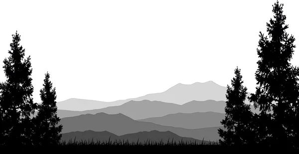 Pine tree silhouette with mountain background — Stock Photo, Image