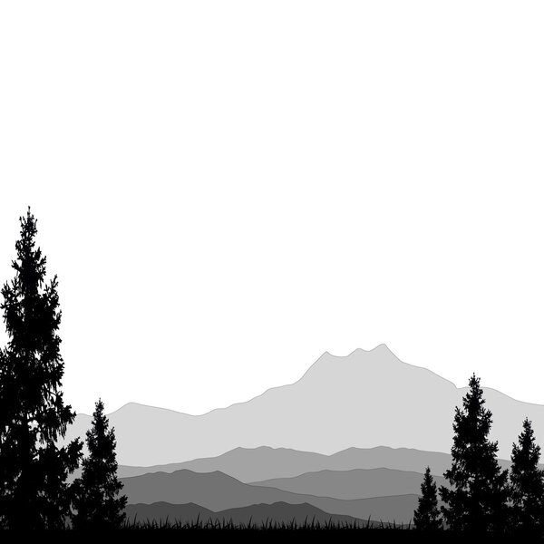 pine tree silhouette with mountain background
