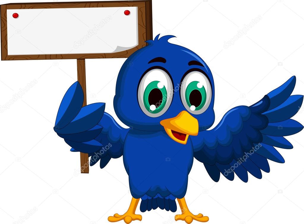 Dessin Animé Mignon Oiseau Bleu Tenant Conseil Blanc