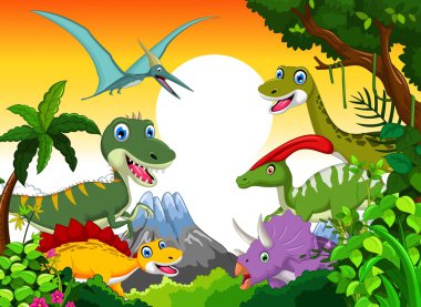 Tasarımınız için manzara arka plan ile dinozor karikatür