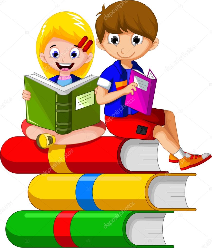 Cute girl and boy cartoon reading book Stock Photo by ©starlight789  126328322