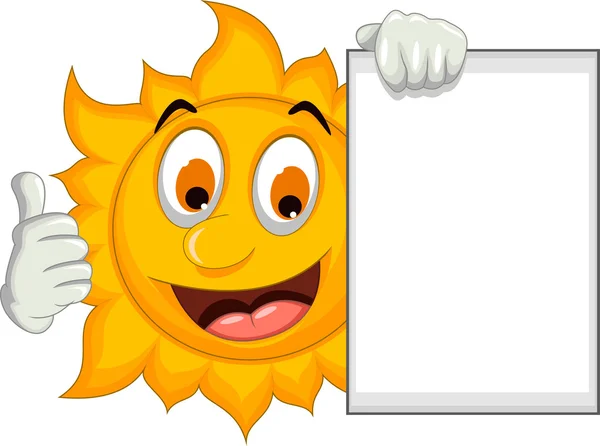 Feliz sol dibujos animados pulgar hacia arriba con signo en blanco — Foto de Stock