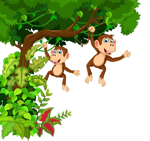 Feliz dois desenhos animados macaco hinging — Fotografia de Stock