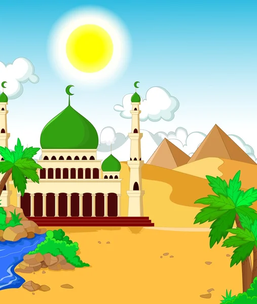 美丽的清真寺与沙漠风景背景 — 图库照片