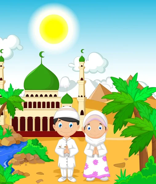 搞笑两个穆斯林在清真寺前的风景背景 — 图库照片