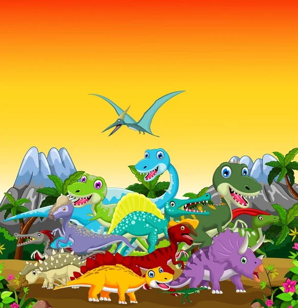 Dibujos animados de dinosaurios divertidos con fondo de paisaje forestal —  Fotos de Stock