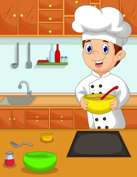 funny chef cartoon bring bowl in the kitchen