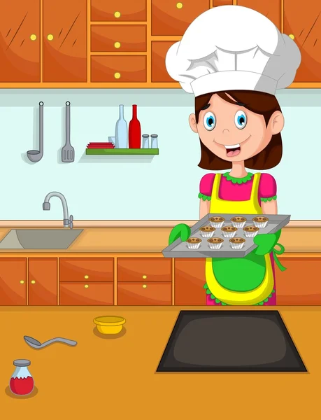 Mignonne maman dessin animé cuisinier dans la cuisine — Photo