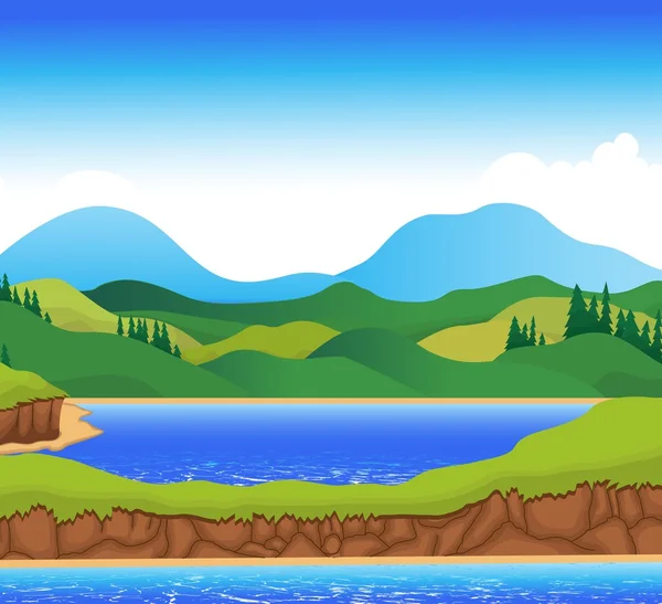 Prachtig uitzicht op rivier cartoon met berg landschap-achtergrond — Stockfoto