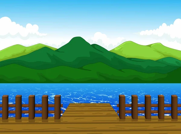 美丽的景色的船坞卡通与山风景背景 — 图库照片