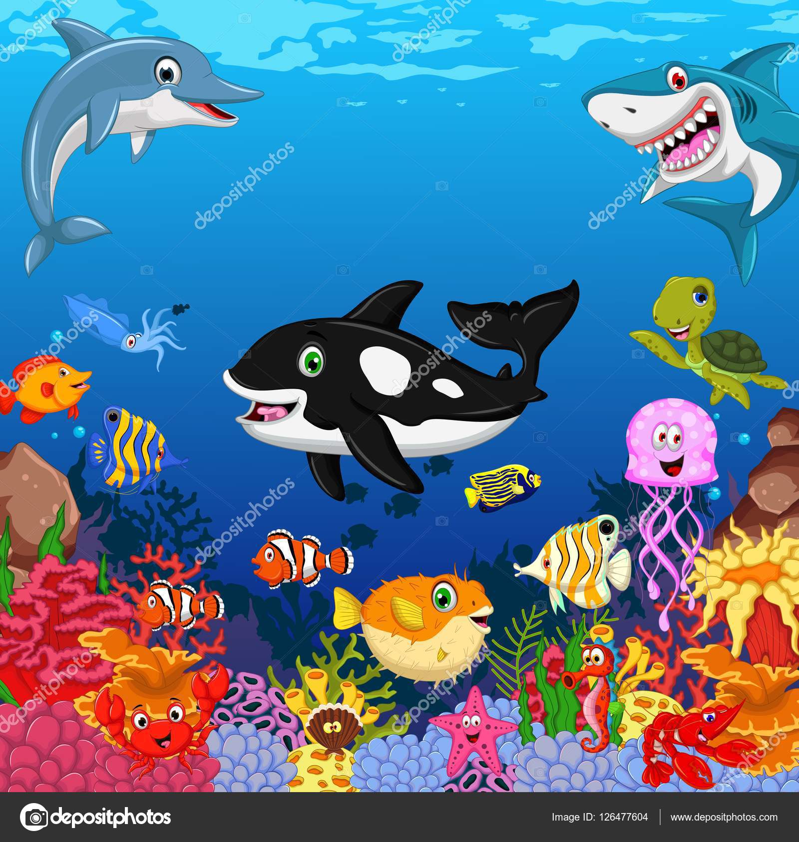 Funny Sea Animals Cartoon With Sea Life Background Stock Illustration Funny Sea Animals Cartoon With Sea Life Background Stock Illustration