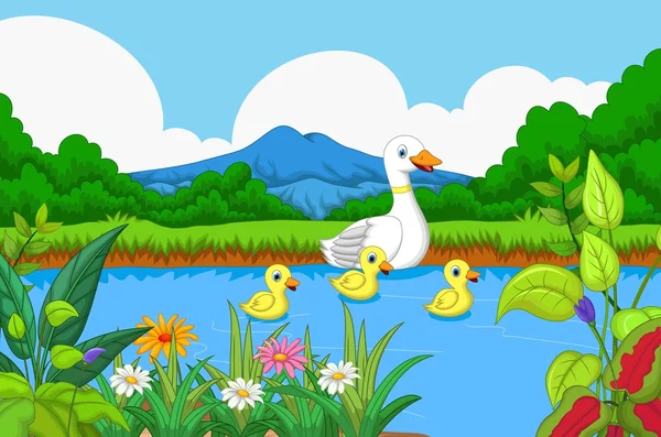 Duck cartoon simmar i sjön med landskap bakgrund — Stockfoto