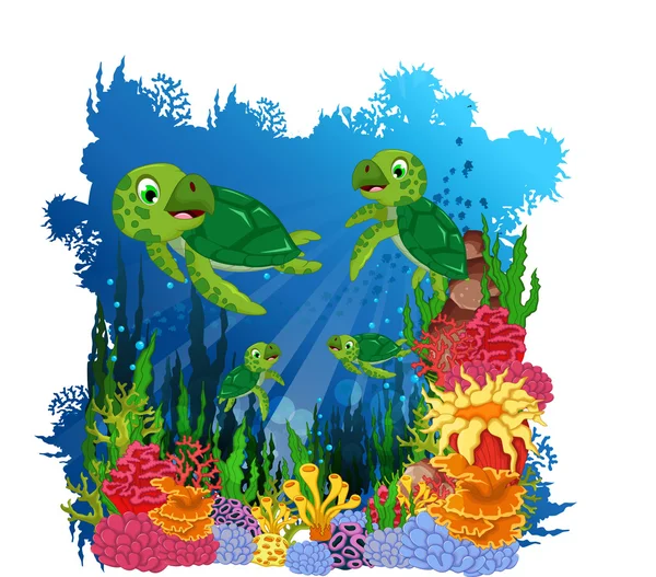 funny turtle cartoon family with sea life background