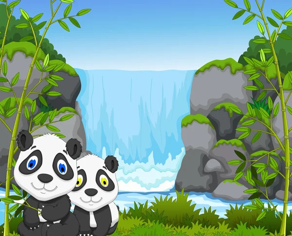 Rolig tecknad panda med vattenfall bakgrund — Stockfoto