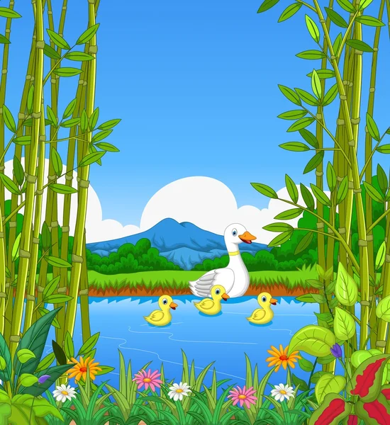 funny duck cartoon swimming with lake and landscape background